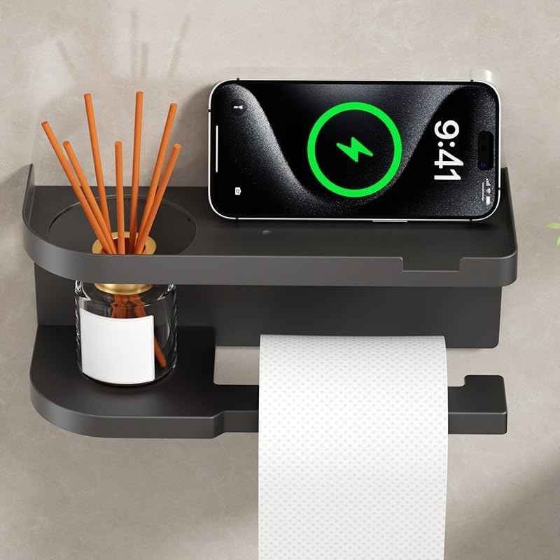 Hole-Free Toilet Paper Holder with Shelf - Can Hold Aromatic Items, for Bathroom Use (Black)