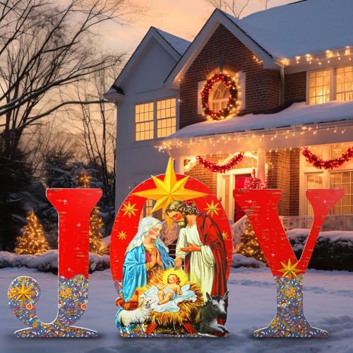 Cinnvoice 3 Pcs PVC Christmas Joy Outdoor Nativity Scene Set 4.8ft Long Xmas Joy Yard Sign with Stakes Large Religious Yard Decor Rustic Holy Jesus Birth Manger Scene for Xmas Home Lawn Decor by Cinnvoice - Image 7