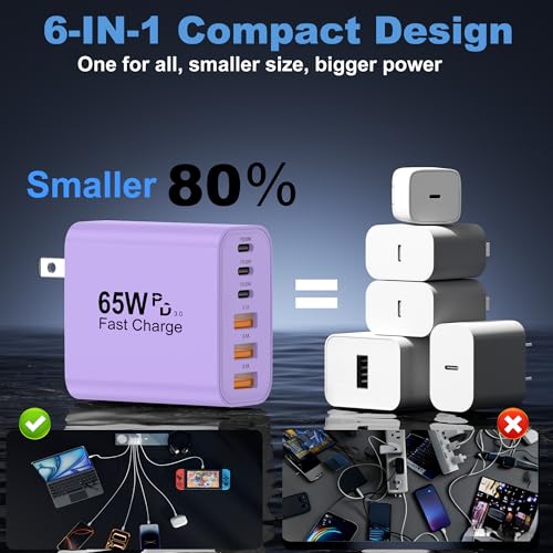 Image of USB C Charger Block, 2-Pack 65W 6-Port USB C Wall Charger iPhone Charger Fast Charging PD Power Adapter+QC Wall Plug Multiport Type C Brick Chargers for iPhone 17 16 15 14 13 12 11 Pro Max XS,Purple