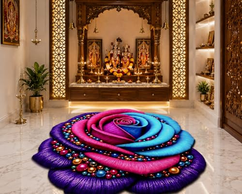 Image of 3D Rose & Floral Door Mat | Water Absorbent, Anti-Skid, Machine Washable Floor Mat | Soft Microfiber Carpet for Home, Living Room & Bedroom | Premium Decorative Mat (Multicolor Pink purple Blue, Rose)