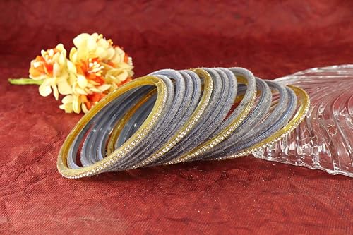 Image of NMII Fancy Glass Golden Zircon Diamond Stone & Velvet Finish Plain Bangles Set For Women & Girls | Glass Velvet Bangles | Kanch ki Chudiyan | Girl's Bangles Bracelet | Fashion Jewellery- Set of 32