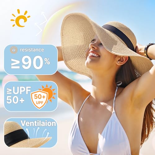 Image of Beach Sun Hats for Women, Straw Hat for Women, Womens Sun Hat UPF 50+ UV Protection, Summer Hats Packable Foldable