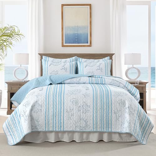 HORIMOTE HOME Coastal Quilt Bedding Set King Size, Striped Blue Summer Beach Quilt Lightweight Ocean Nautical Comforter Tropical Bedspread Coverlet with 2 Pillow Shams for All Seasons (106'x96')
