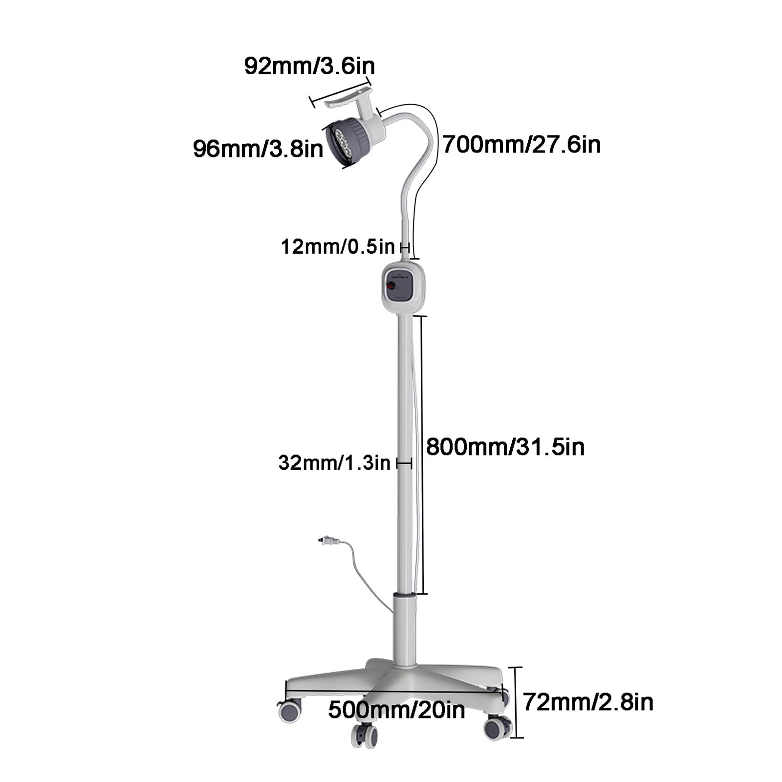 12W Medizinische Untersuchungslampe Schattenfreie Lampe mit Mobilem Sockel und Rädern Höhenverstellbar Stufenloses Dimmen
