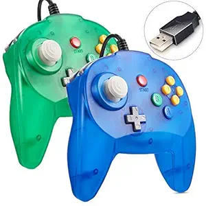2 Pack N64 Mini USB Controller, Retro Classic Wired N64 64-bit Game Upgraded Joystick Controller for Windows PC/Mac Ice Blue&Green