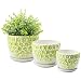 MyGift Set of 3 Green & White Flower Design Nesting Ceramic Planter Pots/Plant Containers w/Attached Saucers