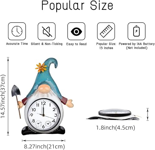 Miniatura 2 de Gnome - Reloj para exteriores con termómetro y humedad, reloj de pared de cuarzo de 14.5 pulgadas, silencioso, sin tictac, para patio, sala de