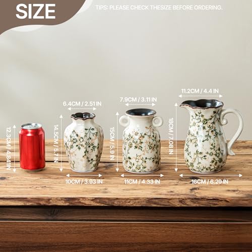 Image of Ceramic Flower Vases Set of 3 | Green Rustic Farmhouse Vase Set for Home Decor, Vintage Floral Decorative Vase for Living Room & Kitchen, Mantel & Bookshelf, Centerpieces, Entryway(5.7+5.9+7.1Inch)