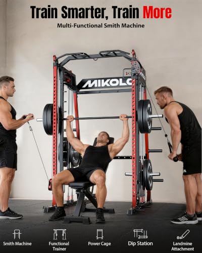 Image of Mikolo M4 2.0 Smith Machine, 2200lbs Squat Rack with LAT-Pull Down System & Cable Crossover Machine, Training Equipment with Leg Hold-Down Attachment