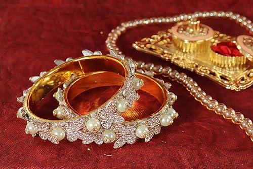 Image of LAVAZZA Stylish Butterfly Design Golden Metal with Zircon Diamond & Pearls Moti Bangles Kada For Women & Girls | Traditional Girl's Bangles Bracelet | Women's Kangan Wedding, Party-Set of 2