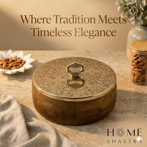 Image of Wooden Casserole with Traditional Handle | Floral Engraved Hot Case Chapati Box for Fresh & Warm Roti | Multipurpose Roti Box, Snack & Dry Fruit Storage | Luxury Kitchen Decor