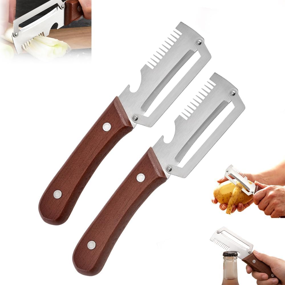 Photo 1 of 2 Pack Multifunctional Vegetable Peeler,Premium Vegetable Peeler with Wooden Handle,3-in-1 Peelers For Kitchen with Bottle Opener,Suitable for Peeling Fruits and Shredding Scallions