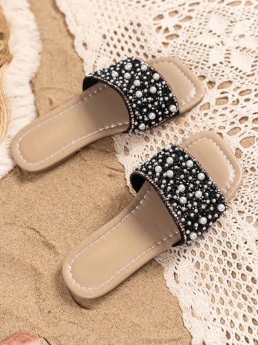 Image of GORGLITTER Girl's Pearls Dress Flat Sandals Glitter Rhinestone Summer Open Toe Teens Slides