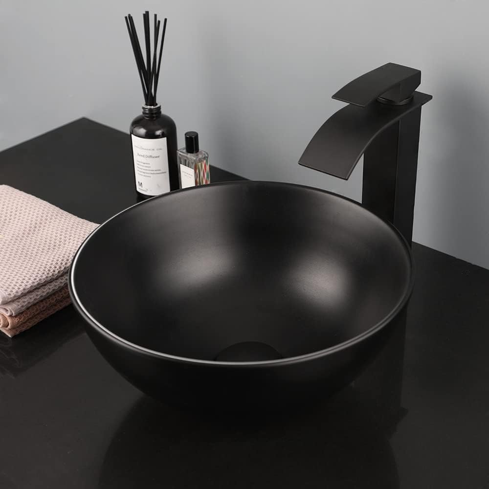 Focitland 13 Inch Bathroom Sink Matte Black Ceramic Vessel Sink with Chrome Faucet and Pop-Up ...