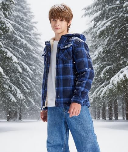 Image of Boys Fleece Jacket with Hood Unisex Child Sherpa Lined Zip Up Warm Coat Hooded Sweatshirt Outerwear