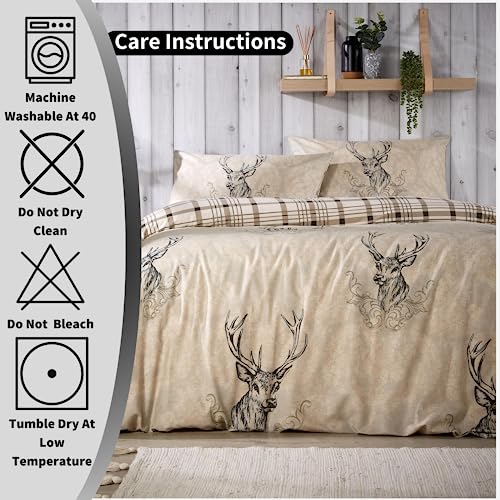 Olivia Rocco Stag Duvet Cover Set Cosy Highland Cotton Rich Quilt Covers Reversible Check Premium Bedding Bed Linen Sets, Double Natural - Image 8