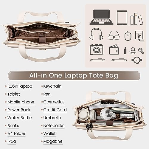 Image of LOVEVOOK Laptop Bag for Women 15.6 Inch Tote Work Professional Leather Computer Briefcase Waterproof Handbag Shoulder Large Capacity Business Teacher Office Crossbody Purse, 206# Beige White