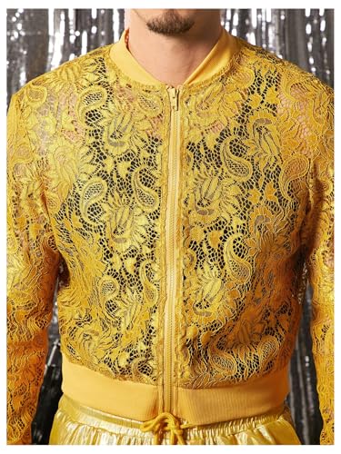 Image of WDIRARA Men's Floral Lace Bomber Jackets Long Sleeve See Through Outerwear