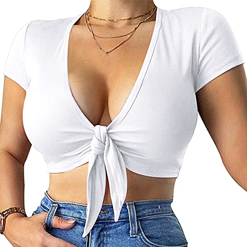 LCNBA Deep v Neck Short Sleeve Crop Top,Bandage Cross Wrap Tie Up Crop Tops White