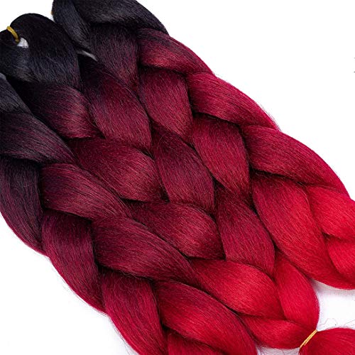 Rn Beauty Ombre Braiding Hair Synthetic Jumbo Braids Hair Extensions High Temperature Heat Resistant Fibers Braiding Hair For Afro Twist Crochet Hair Weave 24 Inches 3 Bundles Deals Black/Burgundy/Red #TOP4