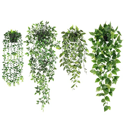 JPSORFake Hanging Plants 4 Pack Artificial Hanging Plants Fake Potted Plants, Hanging Eucalyptus Greenery Mandala Vines, Pothos Ivy for Wall Shelf Decor Patio Garden Indoor Outdoor