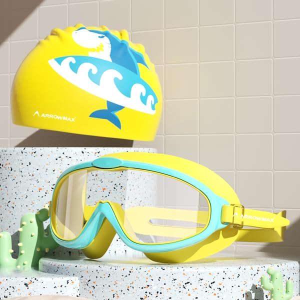 Image of ArrowMax Swimming Goggles For Kids - Anti-Fog UV Protection Lenses |Swim Cap Printed Easy to Adjust |No Leaking-Premium Silicone Comfortable Fabric (YELLOW)