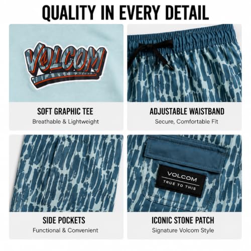 Image of Volcom Baby Boys Swim Set - 2 Piece Short Sleeve Swim Shirt Graphic Tees & Board Shorts - Infant Toddler Little Boys Swimsuit