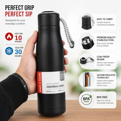Image of Premium Stainless Steel Vacuum Insulated Water Bottle (550ml) Thermal Dori Bottle with Strap | Hot & Cold | Leak-Proof Double Wall Vacuum Flask (Black)