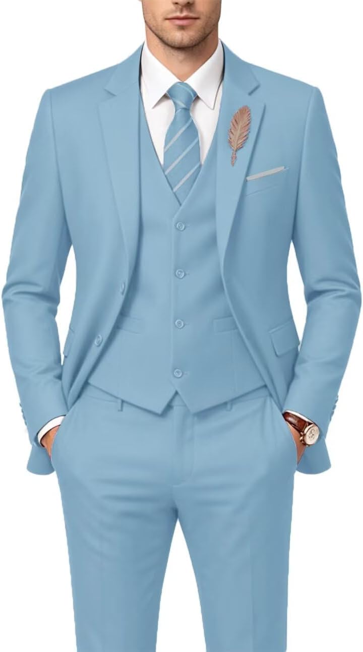 Mens Suit 3 Piece Casual Suits Slim Fit Tuxedo Set Jacket Blazer Vest Pant