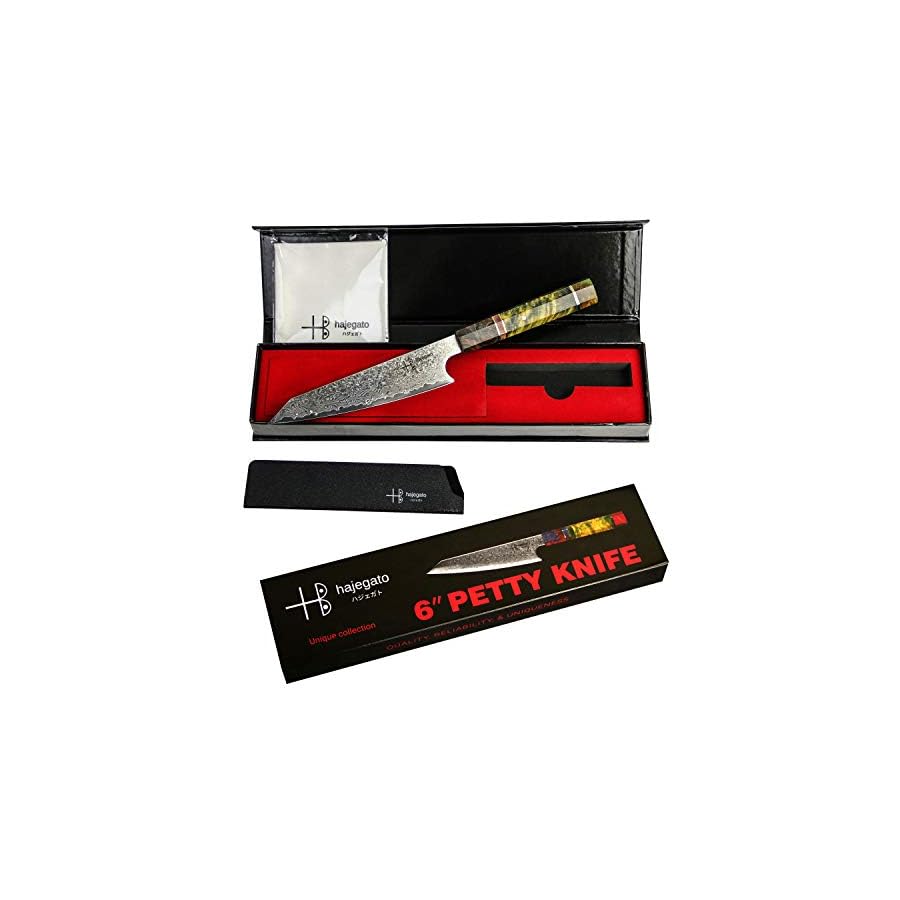 Damascus-Chef-Knife-Petty-Hajegato-Unique-One-Of-Kind-Handle-Professional-6-Inch-Japanese-Chefs-Kitchen-Knife-Vg10-67-Layers-Damascus-Steel-Knive-with-Sheath Damascus Chef Knife Petty Hajegato Unique One Of Kind Handle Professional 6 Inch Japanese Chefs Kitchen Knife Vg10 67 Layers Damascus Steel Knive with Sheath