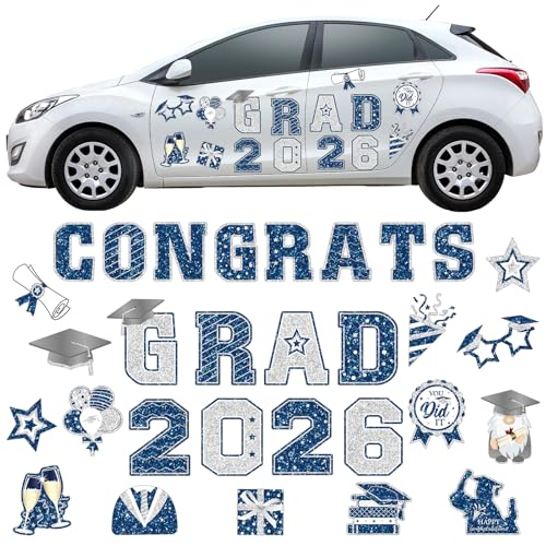 Image of Landhoow 30 Pcs Graduation Car Magnets 2026 Senior Graduation Car Decoration Bumper Sticker Congrats Grad Magnet Magnetic Refrigerator Decal for Grad Parade Party Supplies(Royal Blue Sliver)