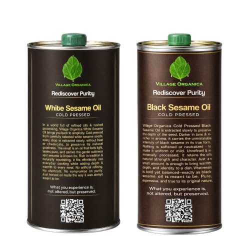 Image of Village-Organica Cold Pressed Black and White Sesame Oil Combo | Black Til OIl & White Til Oil | 1000 ml Each | Unrefined | Tin Cans | Total 1000ml *2
