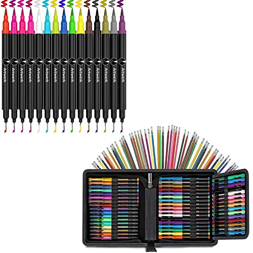 100 Pack of Glitter Gel Pen Set + 15 Pack Calligraphy Brush Marker Pens for Beginners, Art Supplies Journaling, Adult Coloring Books