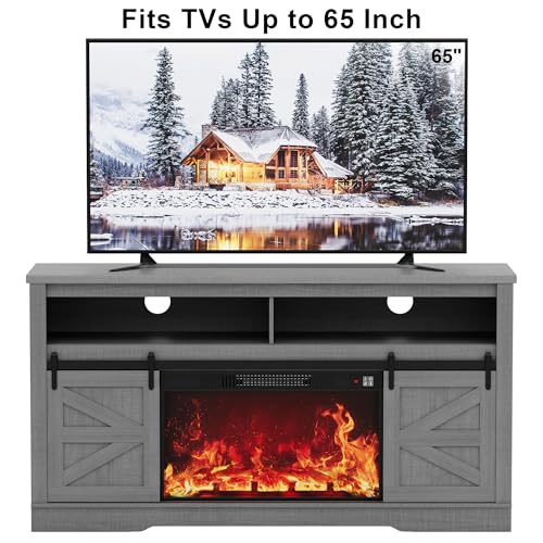 Image of JUMMICO Fireplace TV Stand for 65 Inch TV with 26'' Fireplace (Pale Gray)