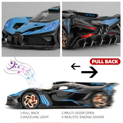 BDTCTK 1/32 Bugatti Bolide Sports Model Car, Zinc Alloy Pull Back Toy Car with Sound and Light for Kids Boy Girl Gift(Blue) - Thumbnail 3
