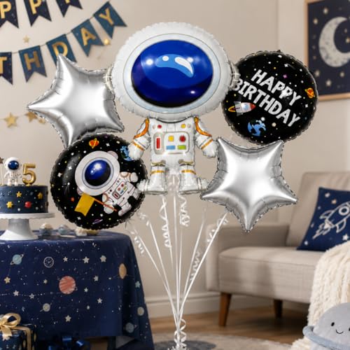 Image of Wanna Party Space Theme Foil Balloon Set (Pack of 5) | Astronaut, Rocket & Star Balloons for Kids Birthday | Outer Space Party Decorations | Happy Birthday Balloon Combo