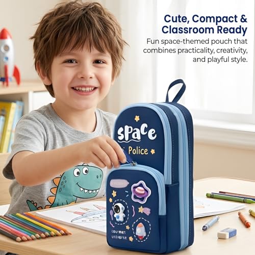 Image of WireScorts Space Police Multifunctional Pencil Pouch | Large Capacity 3 Zipper Pencil Case with Multiple Compartments | Stationery Organizer for School Kids | Durable Fabric, Cute Space Police Design