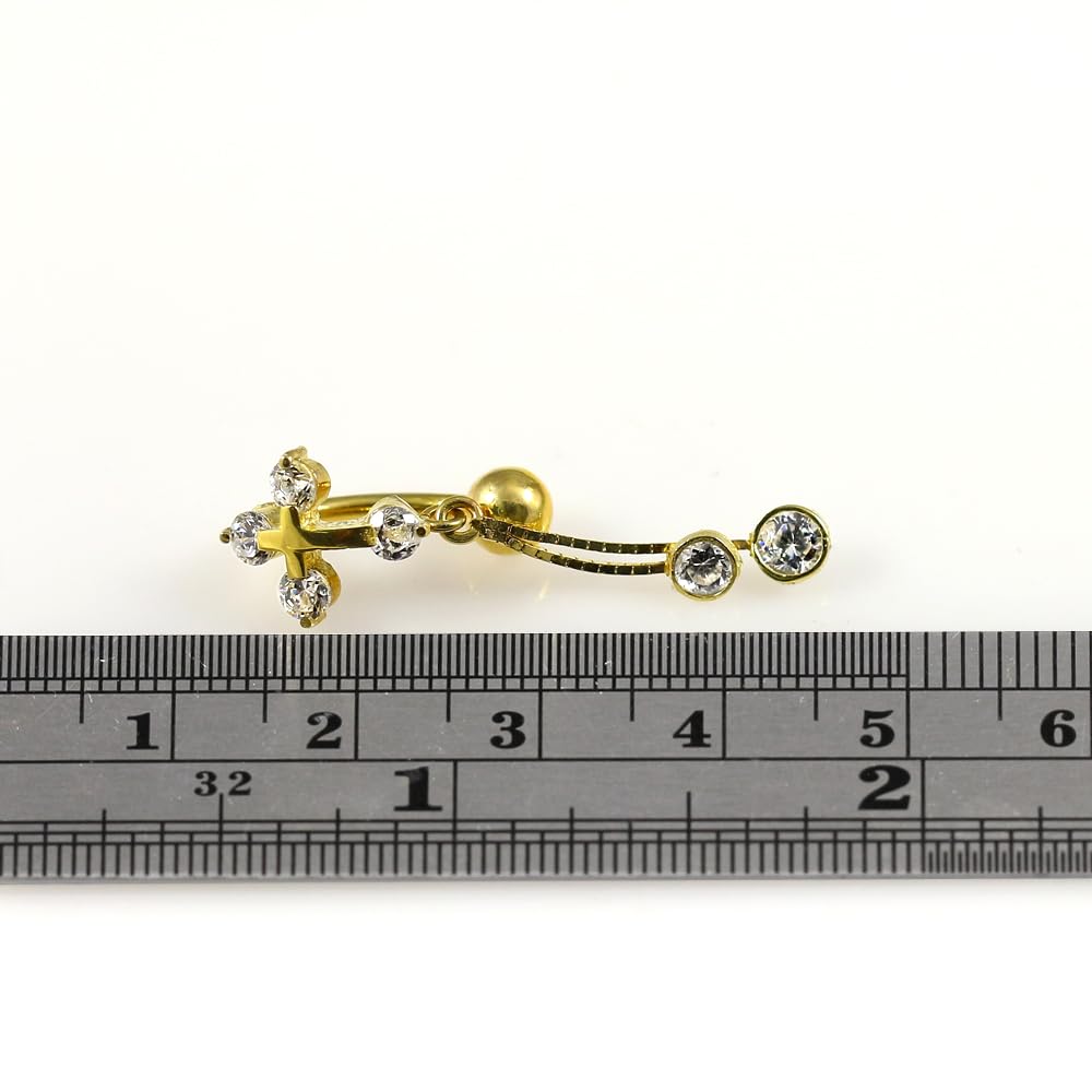 Piercing para ombligo de oro amarillo macizo de 14 quilates con circonita cúbica y cadena colgante, joyería para ombligo de 14 quilates, calibre 14, 14 Gauge - 12mm Length, Circonia