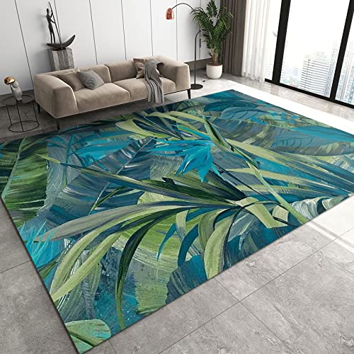 European Green Leaves Area Rugs, Hand Drawn Tropical Rainforest Banana Leaf Plant 3D Carpet, Area Carpet Shaggy Non-Skid Apply to Playroom Cafe Office Door Mats Porch,3×5ft/90 * 150cm