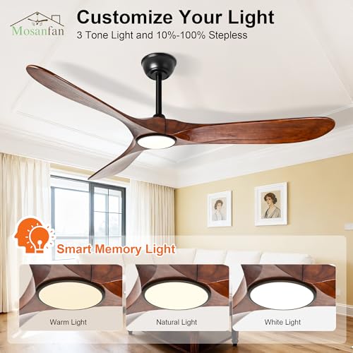Image of 60 Inch Ceiling Fans with Lights and Remote, Wood Outdoor Ceiling Fan with 6 Speed Noiseless DC Motor, Indoor Modern 3 Blade Propeller Ceiling Fan for Bedroom Living Room Gazebo Patio(Walnut)