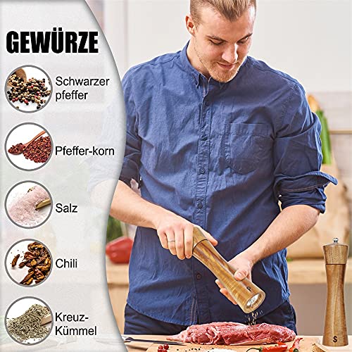 Salz und Pfeffermühle, 2 set Gewürzmühle aus Akazienholz, 8 Zoll Groβ pfeffermühle keramikmahlwerk mit Reinigungsbürste… - Image 3
