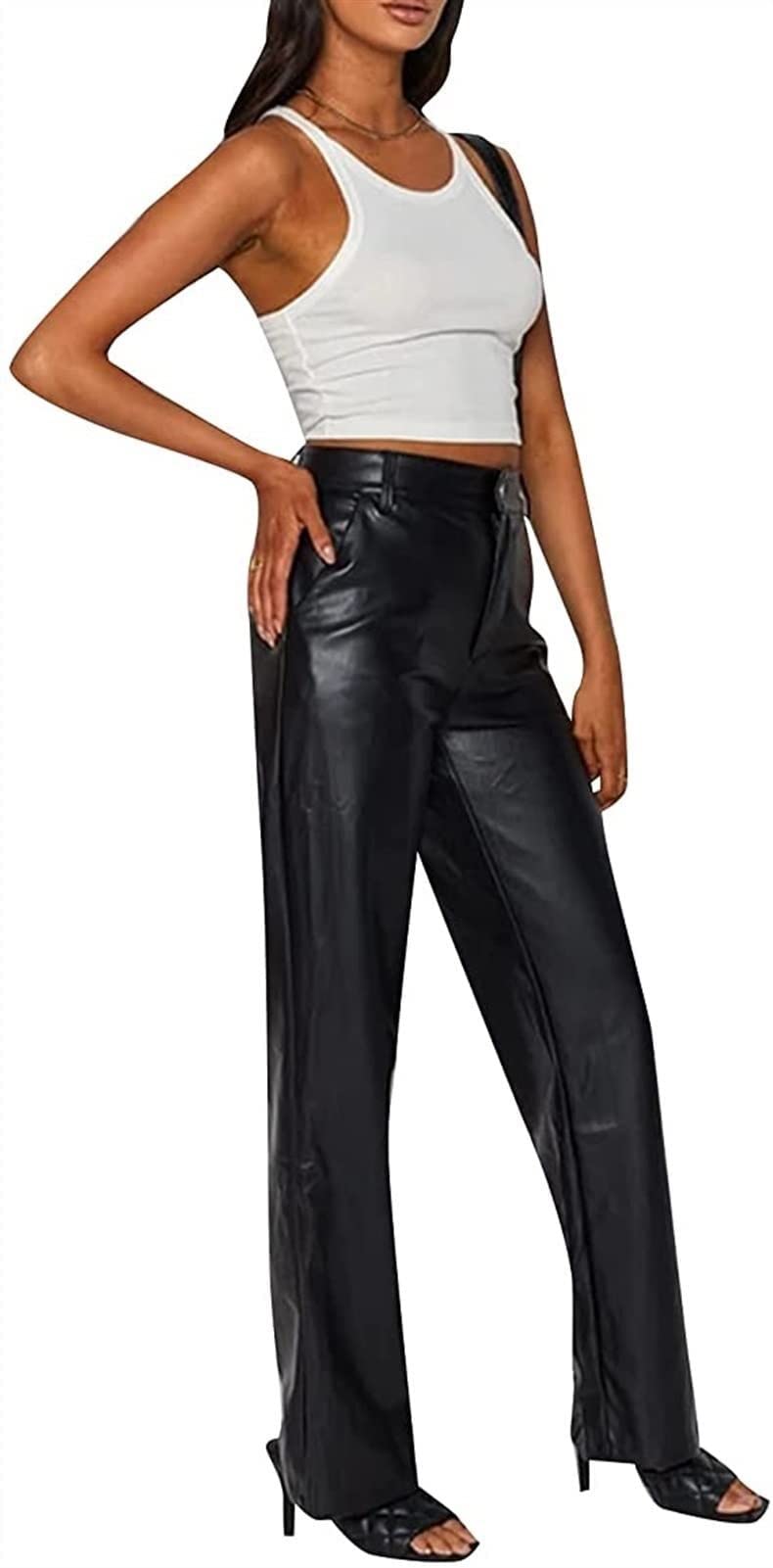 Pantalon en cuir pour femme, coupe droite, jambes larges, aspect cuir, taille haute, coupe ajustée, pantalon en cuir synthétique, pantalon élégant, pantalon de loisirs (noir, XL)