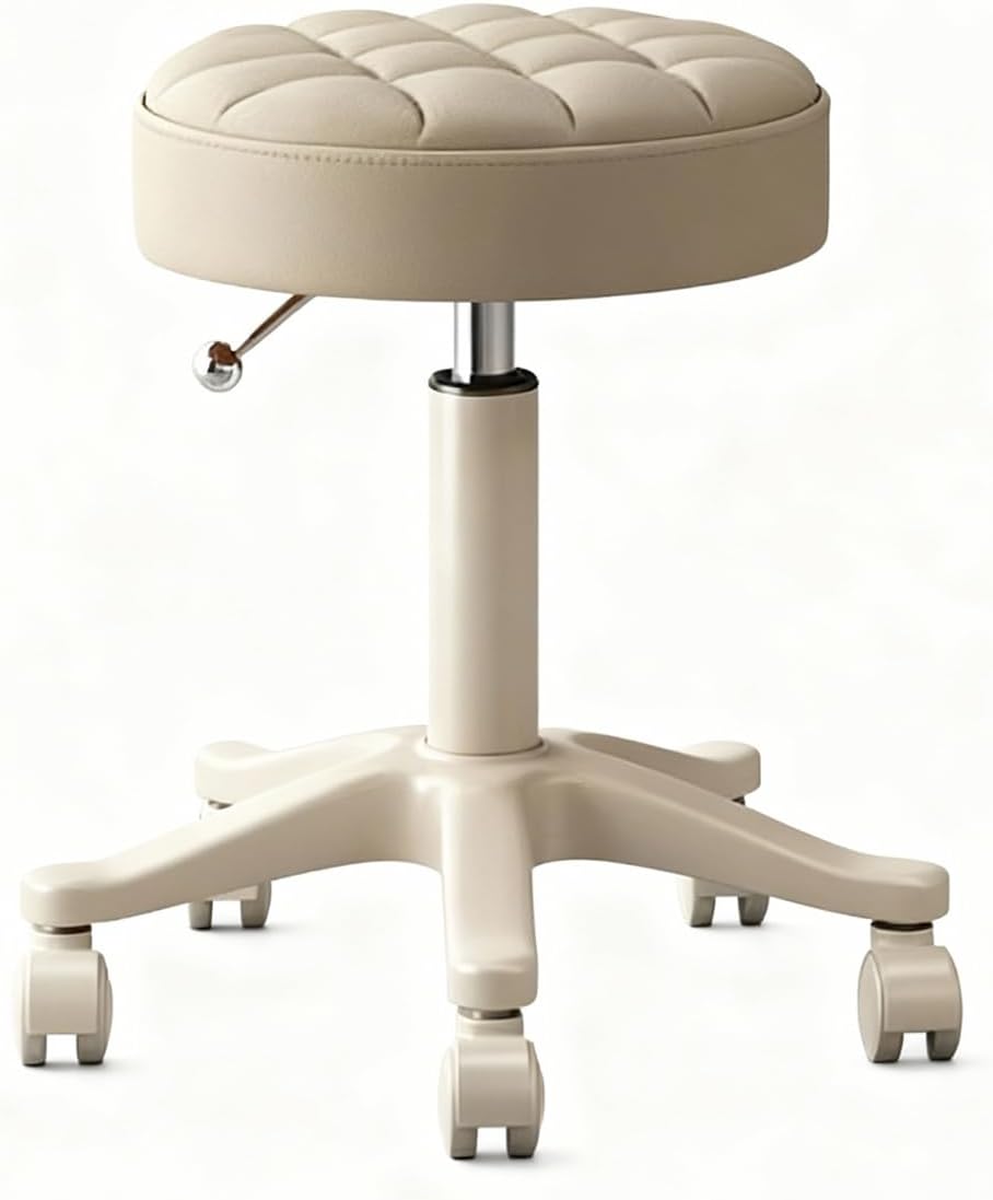 Small Chair Round Rolling Stool PU Leather Height Adjustable Swivel Salon Chair, Drafting Work SPA Salon Stools Home Office Chair, 300KG (Beige)
