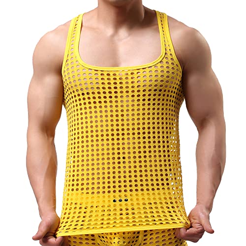 Men's Sleeveless Mesh Tank Tops Vest See Through Shirts Muscle Fitted Fishnet Hollow Out Vest Undershirt