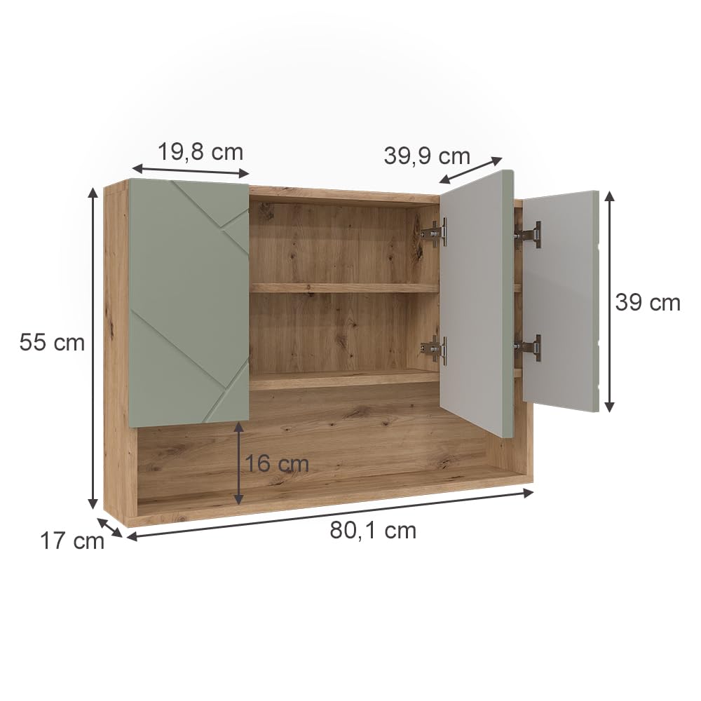 Vicco Armoire de Toilette Irma, Vert Sauge, 80.1x55cm, avec Miroir et étagères Ouvertes pour Montage Mural