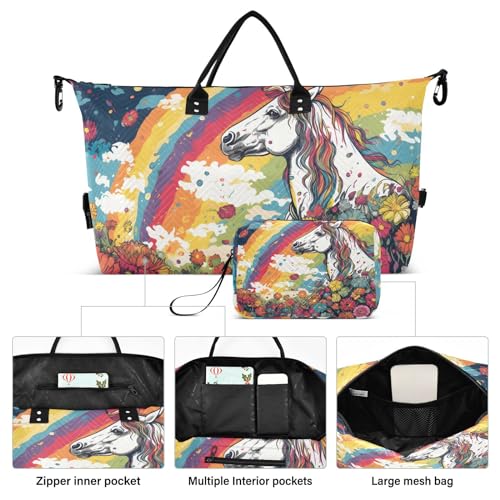 Large Travel Duffel Bag, Oil Painting Horse Rainbow Sports Tote Gym Bag, Shoulder Weekender Overnight Bag for Women Men, Carry On Luggage with Toiletry Bags2