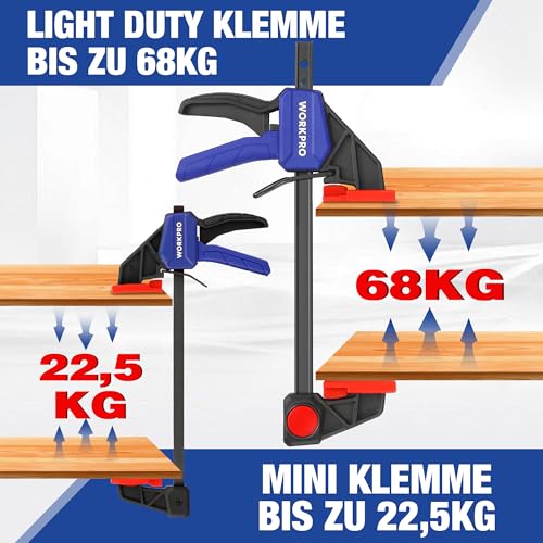 WORKPRO Einhandzwingen Set 6 Stück, 150mm Schraubzwinge Set Spannkraft 22,5kg/68kg, Spannweite 150mm, 4 Klassik & 2 Mini Schraubzwingen für präzises Fixieren und Holzarbeit