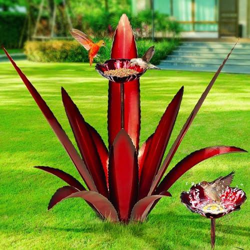 FLYVOLE Upgraded Large Metal Yard Art, Artificial Agave Plant Outdoor Yard Decorations Outdoor Sculpture, Metal Flowers for Outside, Waterproof Outdoor Garden Decor (Red + Bird Feeder)