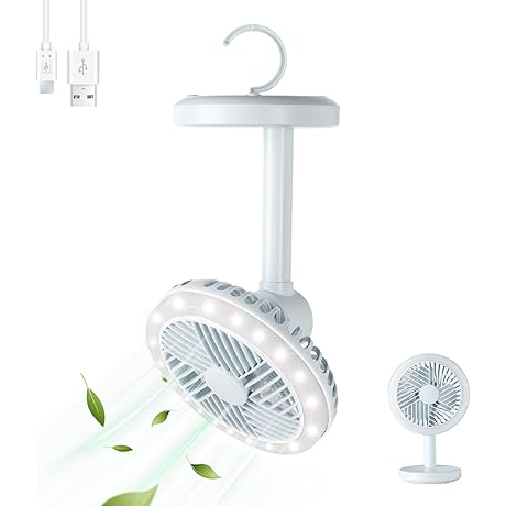 Camping Fan with LED Lantern - Portable Fan with Light and Hook