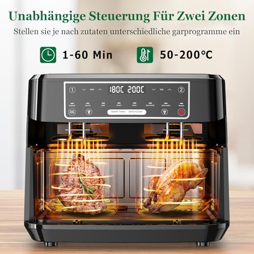 Heißluftfritteuse 2 Kammern | 10L Airfryer mit Sichtfenster Zweizonen Temperatur Separat Regeln, 8-in-1 Heissluftfritteuse Doppelkammer Touch-Steuerung Bis 200℃, Air Fryer 2600W Eingebaute Beleuchtung 4
